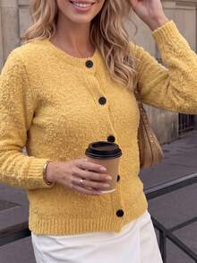 JIANHU Vintage Loose Teddy Knit Button Front Textured Cardigan, Suitable For Autumn/Winter Thanksgiving And Christmas Wear - Yellow - View 4
