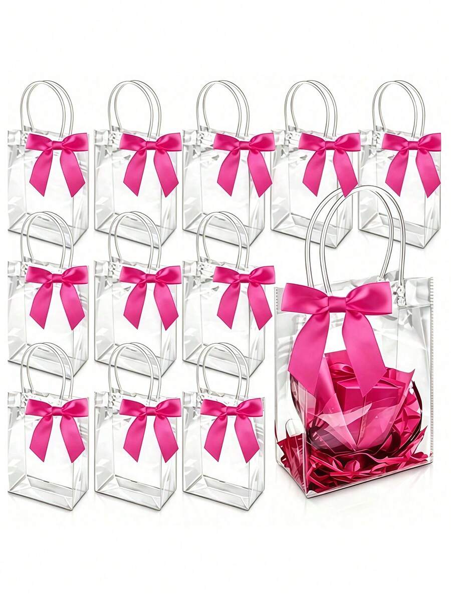 2/8/16pcs Transparent Plastic Gift Bags, Reusable PP Material, With Handle And Bow, Suitable For Wedding, Bridal Shower, Birthday Party, Gender Reveal Party, Small Business And Other Occasions, Mother's Day (Rose Red) - Multicolor - View 1