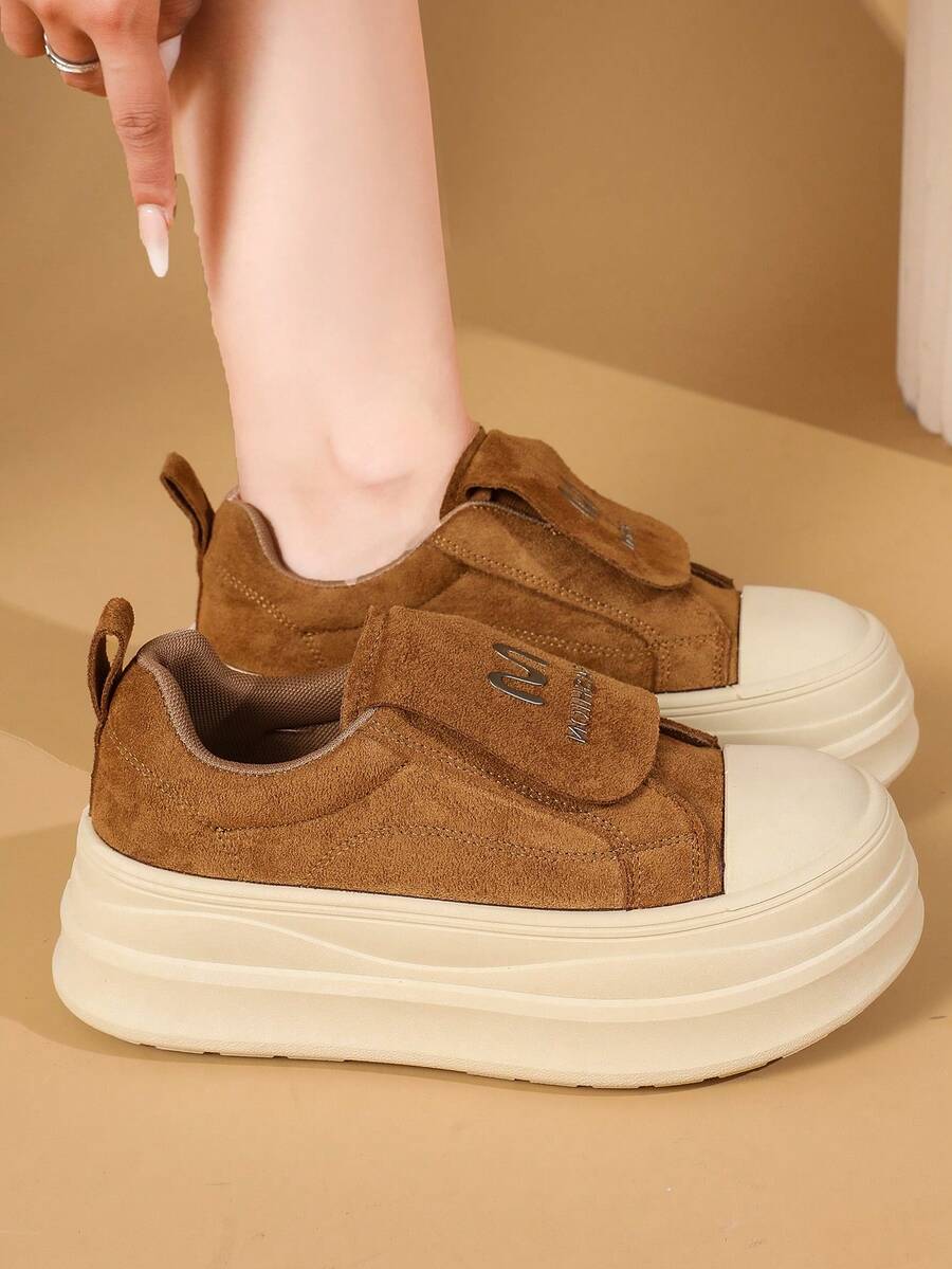 Solid Color Thick Sole Slip-On Shoes, Fashionable Suede Design, Comfortable Casual Daily Wear - Camel - View 1