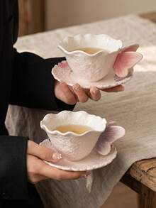 DearDali 1 Set 230ml 3D Butterfly Handle Ceramic Cup And Saucer Set, Pink Purple Embossed Texture Wavy Edge Coffee Cup, Dreamy Girl Style Tea Cup, Home Afternoon Tea, Birthday Gift, Holiday Gift, Best Choice For Friends Gift - Multicolor - View 7