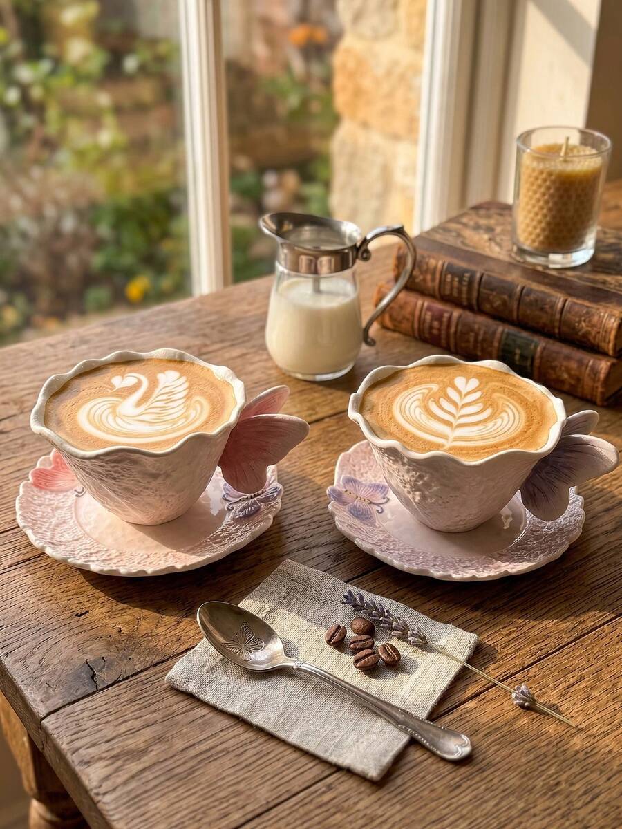 DearDali 1 Set 230ml 3D Butterfly Handle Ceramic Cup And Saucer Set, Pink Purple Embossed Texture Wavy Edge Coffee Cup, Dreamy Girl Style Tea Cup, Home Afternoon Tea, Birthday Gift, Holiday Gift, Best Choice For Friends Gift - Multicolor - View 1