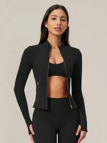 TimeOff Women's 1pc Solid Color Stand Collar Zipper Side Pocket Thumb Hole Jacket Coat, Autumn/Winter - Black - View 5