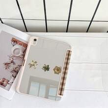 復古米色針織紋理乾花蕾絲格紋拼接平板保護殼，附筆槽，相容 iPad 11(A16)/10.9/10.2/Air 5th Gen/10th/9.7/Air13/Air 4/5/Pro 11/10th Generation/Air 13(M3 2025)/Air 11(M3 2025)/11(A16 2025)，相容 Galaxy S9/S7/S10+，相容 Galaxy Tab S6 Lite 10.4 吋，相容 Matepad - 彩色 - 查看 5