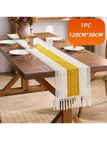Bohemian Style Striped Table Runner, Yellow And White Woven Tassel Tablecloth, Farmhouse Style Hollow Crochet Placemat, Country Style Dining Table Centerpiece, Suitable For Dining Table, Birthday, Coffee Table, Wedding And Home Gathering - Middle Yellow - View 15