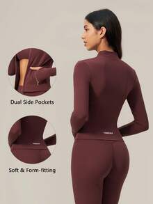TimeOff Women's 1pc Solid Color Stand Collar Zip-Up Jacket With Side Pockets And Thumb Holes, Autumn/Winter - Red - View 3
