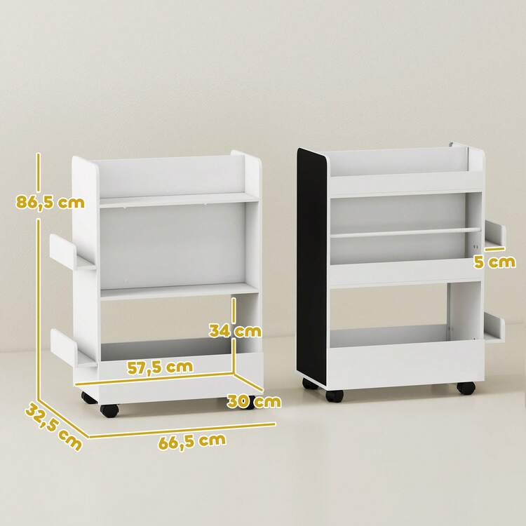 Kinderbücherregal mit Rollen, Aufbewahrung für Kinderbücher von 3 bis 8 Jahren mit Tafel, 66,5 x 32,5 x 86,5 cm, weiß - A - Übersicht 5