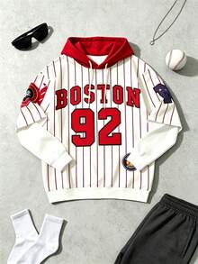 Men's Striped Letter Print Faux One-Piece Hooded Sweatshirt, Casual Street Style Long Sleeve Sweatshirt - Multicolor - View 1