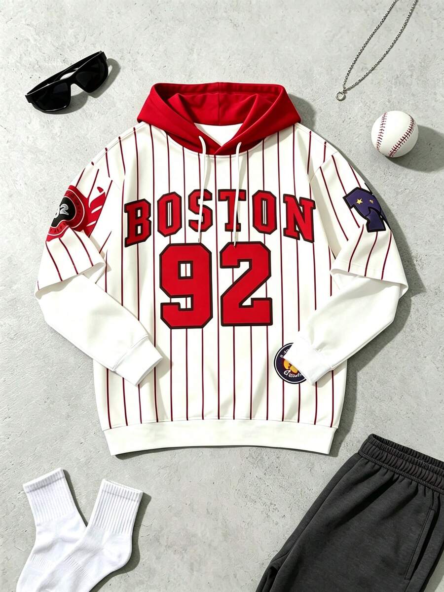Men's Striped Letter Print Faux One-Piece Hooded Sweatshirt, Casual Street Style Long Sleeve Sweatshirt - Multicolor - View 1