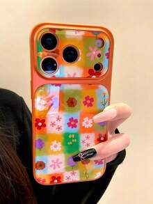 غطاء هاتف بأسلوب كوري إنستغرامي خريفي بتصميم رقعات زهرية ل- 17 Pro Max و17 Air وApple 16 Pro و15 و14 Plus و13 بتصميم فريد وجذاب وغريب وحماية مميزة - لون برتقالي - مشاهدة 1