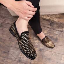 Men's Metal Rivet Pointed Toe Loafers, Comfortable Shoes Suitable For Party, Stage, Banquet, Nightclub, Date, Gathering, Travel, Street, Daily Occasions - Gold - View 4