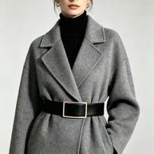 1件無孔可隨意調節腰帶，秋冬大衣風女款腰帶，方扣，百搭設計，適合日常搭配T恤、洋裝、牛仔褲、西裝，美拉德色 - 黑色 - 查看 2
