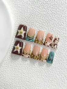 10片裝美拉德辣妹風手工穿戴甲，Polygel美甲套組，鏈條裝飾，棕色指甲油，復古配件風，附美甲工具，3種尺寸可選，杏仁甲、鴨嘴甲、棺材甲，適用派對、跳舞、日常穿戴 - 彩色 - 查看 14