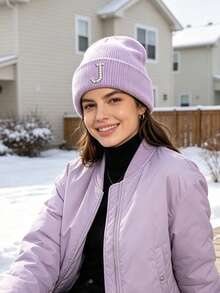 1pc Unisex Outdoor Warm Solid Color Ribbed Knit Beanie With A-Z Letter, Elastic Comfortable Versatile Autumn/Winter Headwear, Suitable For Casual City Outings - Purple - View 4