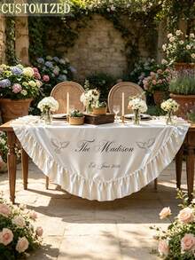 Customized Newlywed Satin Table Runner, Personalized Family Name & Date Scalloped Edge Tablecloth, Custom Wedding Sweet Table Decor, Reception Bride Shower Table Decoration Gift - Multicolor - View 4