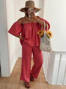 Women's Striped Contrast Sexy Casual One Shoulder Half Sleeve Top & Wide Leg Pants Set, Summer Beach Vacation 2 Pieces Outfit For Holiday Elegant - Multicolor - View 2