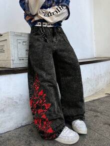 Hearty Haven 1件裝男士時尚街頭風刺繡寬腿褲 寬鬆舒適四季百搭牛仔褲 不含腰帶與配件 - 黑色 - 查看 2