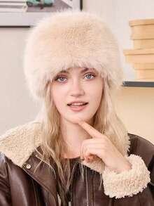 White Faux Fur Round Hat, Fluffy Plush Winter Headwear, Warm Outdoor Street Travel Accessory For Cold Weather - Multicolor - View 6