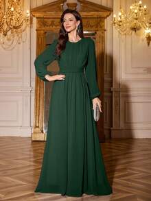 Volly Toych Elegant Long Sleeves Chiffon Maxi Bridesmaid Dress, Sleeves Without Lining, With Ruched Bust Scoop Neck For Special Occasions, Perfect For Events - Dark Green - View 2