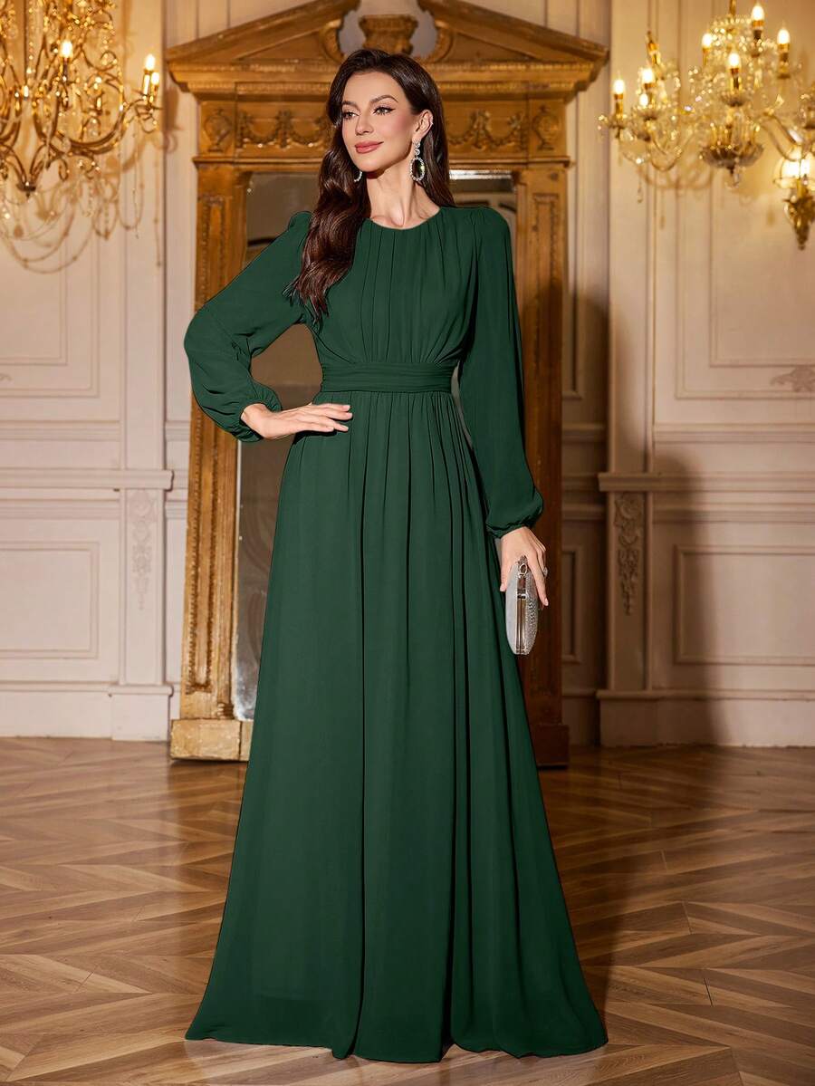 Volly Toych Elegant Long Sleeves Chiffon Maxi Bridesmaid Dress, Sleeves Without Lining, With Ruched Bust Scoop Neck For Special Occasions, Perfect For Events
