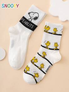 2 Pasang Kaos Kaki Wanita Setengah Betis Bergambar Kartun SNOOPY Asli dengan Pola Garis-garis Anak Anjing yang Menyenangkan & Dipersonalisasi - MultiWarna - View 4