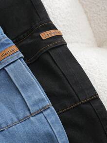 2pcs/Pack Boys' Cargo Denim Jeans, Spring/Autumn Kids Loose Straight Leg Long Pants, Elastic Waist, Large Pockets, Cuffed Hem, Casual Workwear - Multicolor - View 6