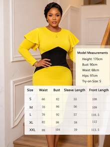 NOU Women's Mid-Length Fashionable Elegant Comfortable Workplace Wear Round Neck Ruffle Sleeve Waist Colorblock Patchwork Dress Party DateComfortable - Yellow - View 7