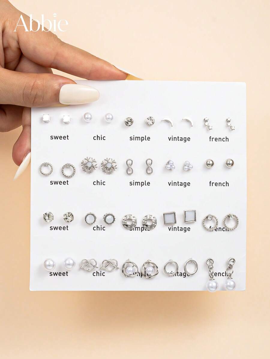 20 Pairs Delicate Fashion Women's Stud Earrings Set, Snowflake Moon Star Unique Pattern Earrings Combination, Suitable For Casual, Vacation, Date Wear, Jewelry Holiday Gift - Silver - View 1