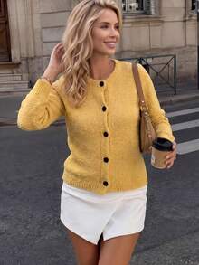 JIANHU Vintage Loose Teddy Knit Button Front Textured Cardigan, Suitable For Autumn/Winter Thanksgiving And Christmas Wear - Yellow - View 1