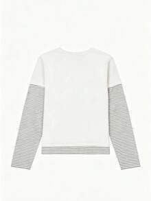Kaos Lengan Panjang Patchwork Bergaris Gaya Korea 2 in 1 untuk Wanita, Atasan Longgar, Ramping, dan Serbaguna untuk Musim Gugur - Putih - View 2