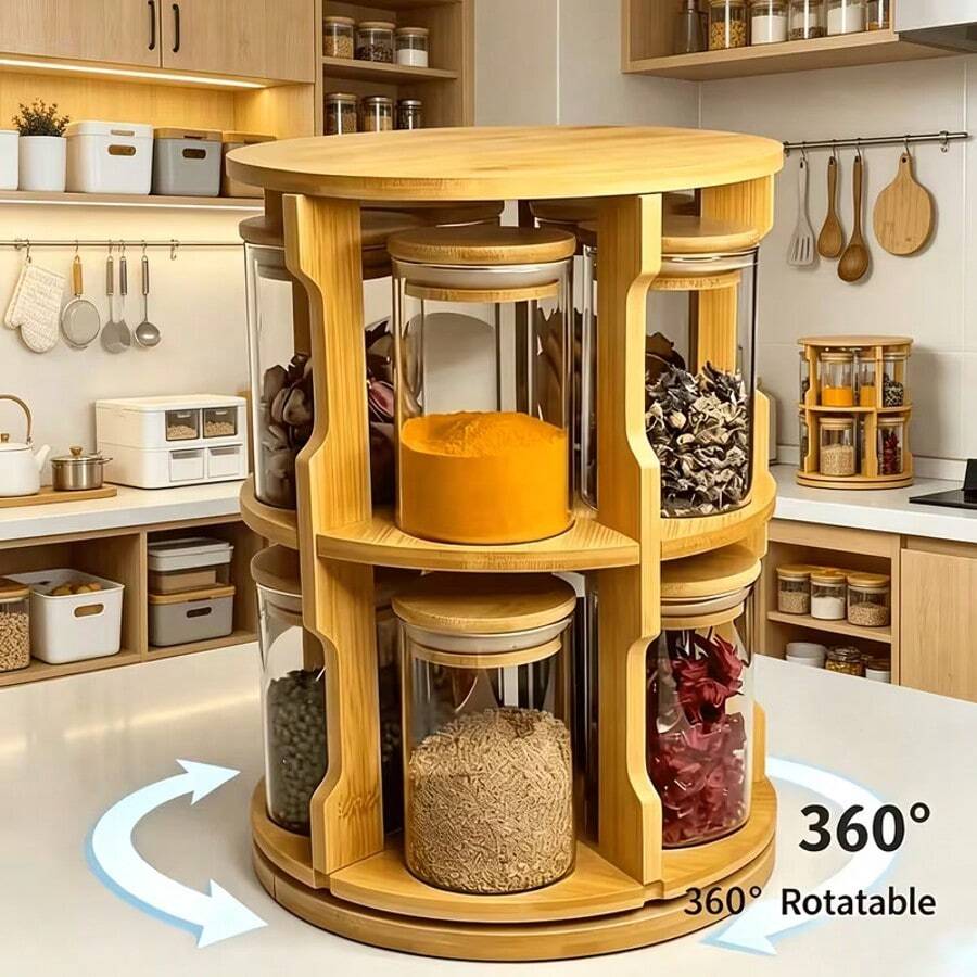 1 Set Rotating Round Bamboo Spice Rack With 10 Round Clear Glass Jars, Sealed Bamboo Lid Glass Jars, Kitchen Countertop Storage Rack, Suitable For Spices, Coffee Beans, Dried Grains And Seasonings - View 1