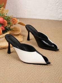 Black.White.Yellow.Blue.Colorblock Pointed Toe High Heel Sandals For Women.Elegant Mature Style Asymmetrical Heel Closed Toe Slippers For Outdoor Wear - Black and White - View 10