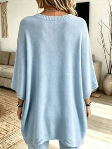 Plus Size Women's Light Blue Round Neck 3/4 Sleeve Knit Cover Up, Loose Drop Shoulder, Casual Commute Slimming Fitted Knit Sweater, Suitable For Autumn - Baby Blue - View 3