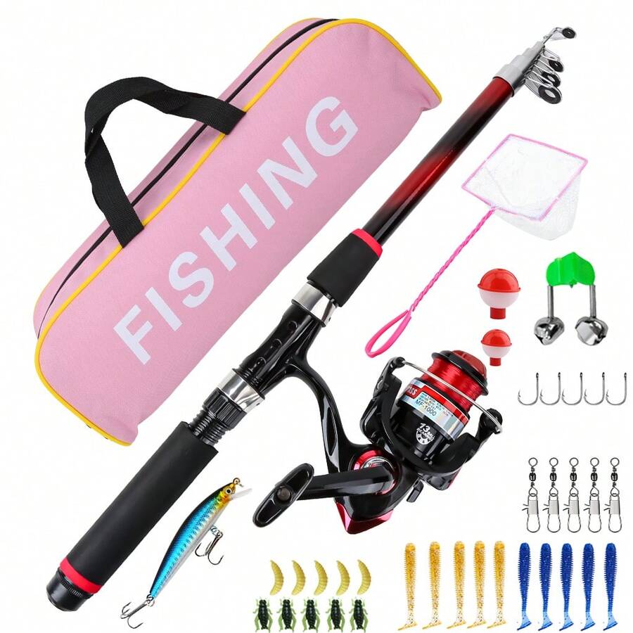 KecchKrezing Red Telescopic Straight Handle Lure Fishing Rod And Spinning Reel Set, Full Accessories Including Various Bionic Lures, Fishing Hooks, Bite Alarm Bell, Floats, Mini Landing Net And Carrying Bag, Suitable For River, Lake And Shore Leisure Lure Fishing