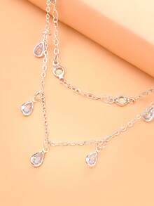 1pc Double Layer Rhinestone Water Drop Pendant Chain Double Finger Ring, Fashion Full Rhinestone Multi-Layer Connected Finger Ring, Versatile Daily Ring - Silver - View 4