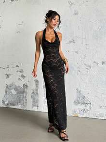 1pc Solid Color Elegant Knit Fabric Sleeveless Dress Beach Summer - Black - View 1