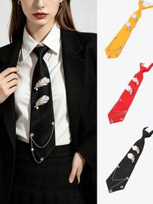 1pc Feather Rhinestone Brooch Chain, No-Tie Collar Decoration, Commute Daily School Performance Shirt Accessory - Multicolor - View 1