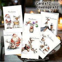 1 Set Christmas Greeting Cards And Envelopes, Includes 12 Cards And 12 Envelopes, Various Santa Claus, Reindeer And Snowman Designs, Suitable For Christmas, Thanksgiving, New Year, Birthday Parties And Celebrations, Blank Inside, 3D Display, High-Quality Paper - 12 Greeting Cards + 12 Envelopes - View 3