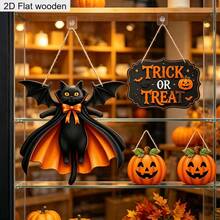 2D Flat, 4pcs/Set Wooden Hanging Signs For Doors, Windows, Fireplaces And Wall Decor, Pumpkin And Bat Decorations, Trick Or Treat Door Sign, Asymmetrical Shaped Hollow Bat - A - View 5