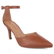 Scarpin Feminino Bico Fino Salto Alto Tira Tornozelo Fivela Design Recorte Moderno Elegante Versátil Festa - Caramelo - Visão 3