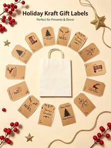 200/300pcs Self-Adhesive Kraft Paper Labels, Christmas Gift Tags, Vintage Style Gift Label Stickers, Suitable For Gift Wrapping, Christmas Gifts, Home Decor, Christmas Wrapping Paper - Multicolor - View 4