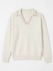 Plus Size Rhinestone V-Neck Knit Sweater, Long Sleeve Loose Elegant Pullover Top, Autumn/Winter Office Commute Blouse - Beige - View 7