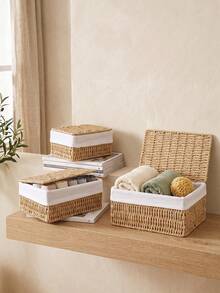 3pcs/Set(S+M+L)/1pc Bohemian Style Handwoven Storage Basket Set With Lid, Woven Lining Organizer Tray, Suitable For Cosmetics, Keys, Snacks, Bathroom, Bedroom, Kitchen, Living Room, Desk, Rustic Home Decor Storage Bucket, Lightweight And Durable, Ideal Gift And Small Item Storage - Khaki - View 4