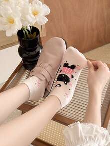 1/5 đôi tất cổ ngắn in mèo hoạt hình dễ thương, phong cách preppy ngọt ngào, tất thường ngày casual cho nữ, màu ngẫu nhiên - Nhiều màu - Xem 5