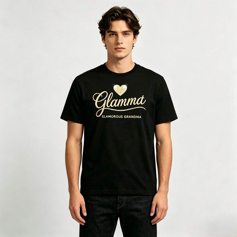 Playera Unisex Oversize, blanco y negro, estampado de letras doradas con corazón en el pecho, estilo casual elegante, ideal para salidas, reuniones y look diario - Negro - Ver 1