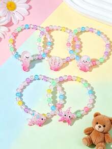 5pcs Children's Ocean Style Beaded Bracelet Set, Cute Seahorse Shell Octopus Starfish Fish Cartoon Pendant Bracelets, Colorful Beaded Elastic Wristbands For Girls, Baby Party Gift Accessories - Multicolor - View 11