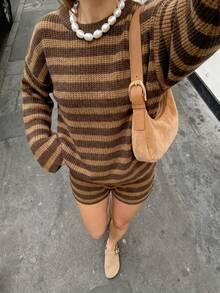 Women Fall Winter Color‑Block Striped Waffle Knit Two‑Piece Set, Long Sleeve Top & Shorts, Soft Y2K Retro Streetwear Loungewear For Vacation - Multicolor - View 6