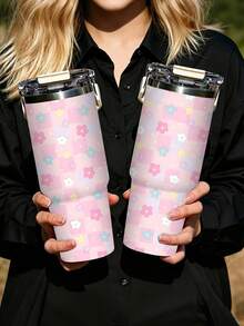 1pc/5pcs 30oz Macaron Color Plaid Floral Insulated Tumbler, Stainless Steel Material, With Handle, Straw And Leak-Proof Flip Lid, Soft Colorful Floral And Macaron Plaid Print, Birthday And Holiday Gift, Suitable For Travel, Work, Fitness And Daily Outdoor Use - Pink - Plaid Floral - View 8
