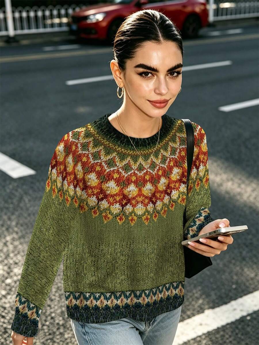Women's Autumn Clothing Green Fair Isle Print Pattern Knit Pullover Sweater, Christmas Atmosphere Outfit - Multicolor - View 1
