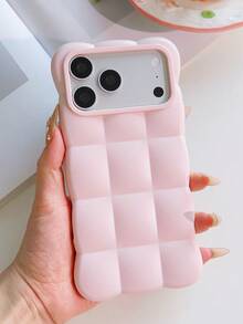 غطاء TPU ناعم مقاوم للصدمات بتصميم كرتوني شبكي ثلاثي الأبعاد وكتل متوافقة مع آيفون 17Pro Max و16Pro و15 و14 و13 بلون سادة مطفي حلوى - وردي - مشاهدة 3