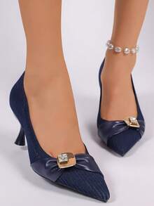 Women's Navy Blue Pointed Toe Kitten Heel Pumps, Rhinestone Bow Low-Cut Elegant Commuter Stiletto Heels, Versatile Soft Upper Mid-Heel Fashion Shoes, Suitable For Work, Party, Dating - Navy Blue - View 3